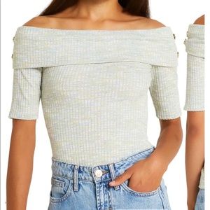 River Island Space Dye Off the Shoulder Top with Gold Golden Buttons Size 12 M/L